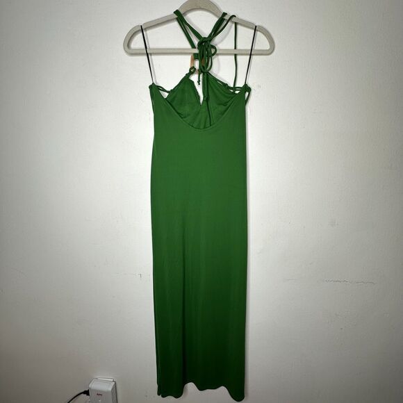 Zara Emerald Green Strapless V-Neck Keyhole Halter Top Tie Back Maxi Dress M - Picture 6 of 11